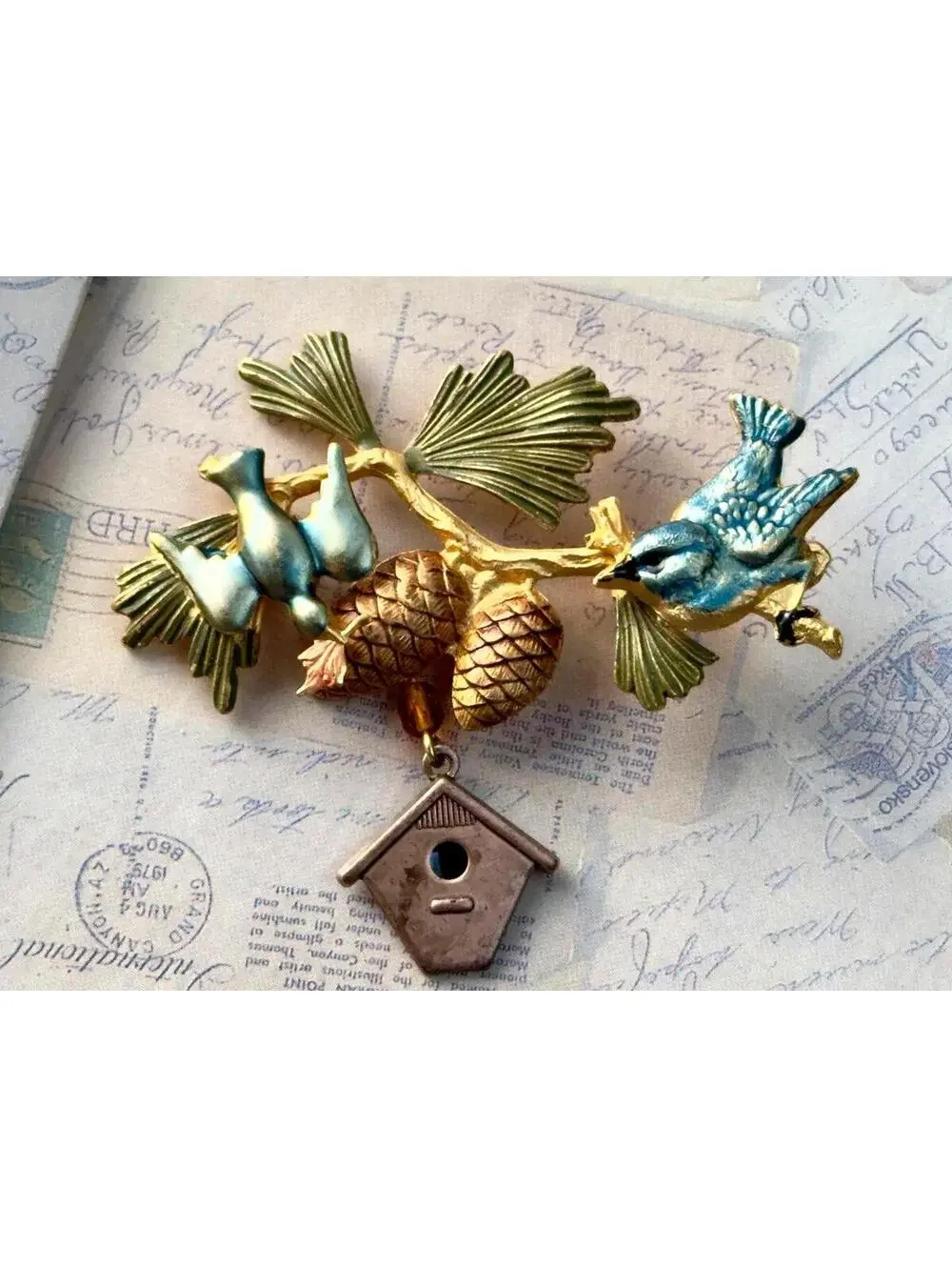 Vintage Enamel Bird Brooch with Pinecones & Dangling Charm Gold Tone